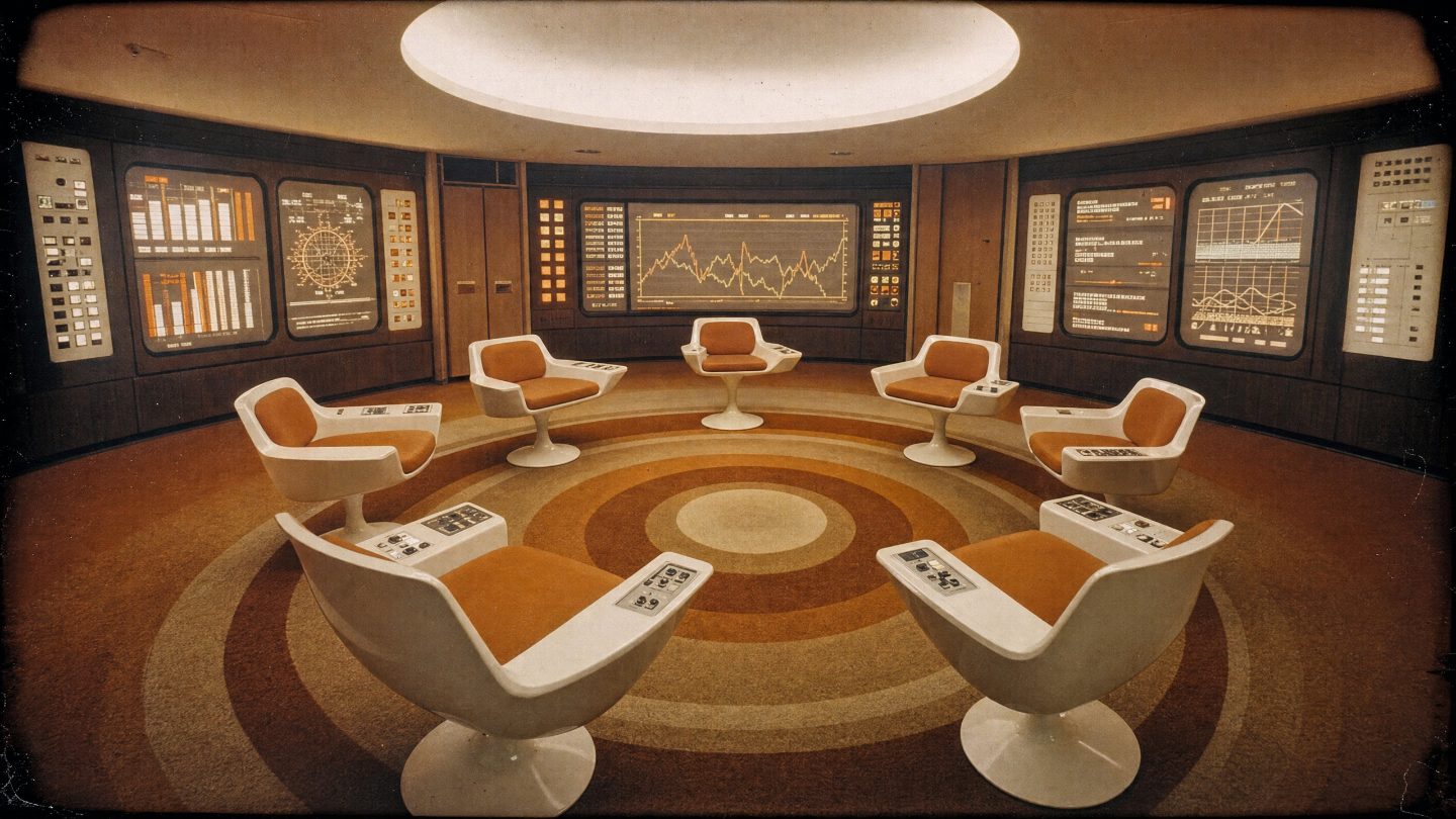 The Cybersyn operations room: seven white swivel chairs with armrest controls in a circle, surrounded by wall screens of charts and indicator panels.