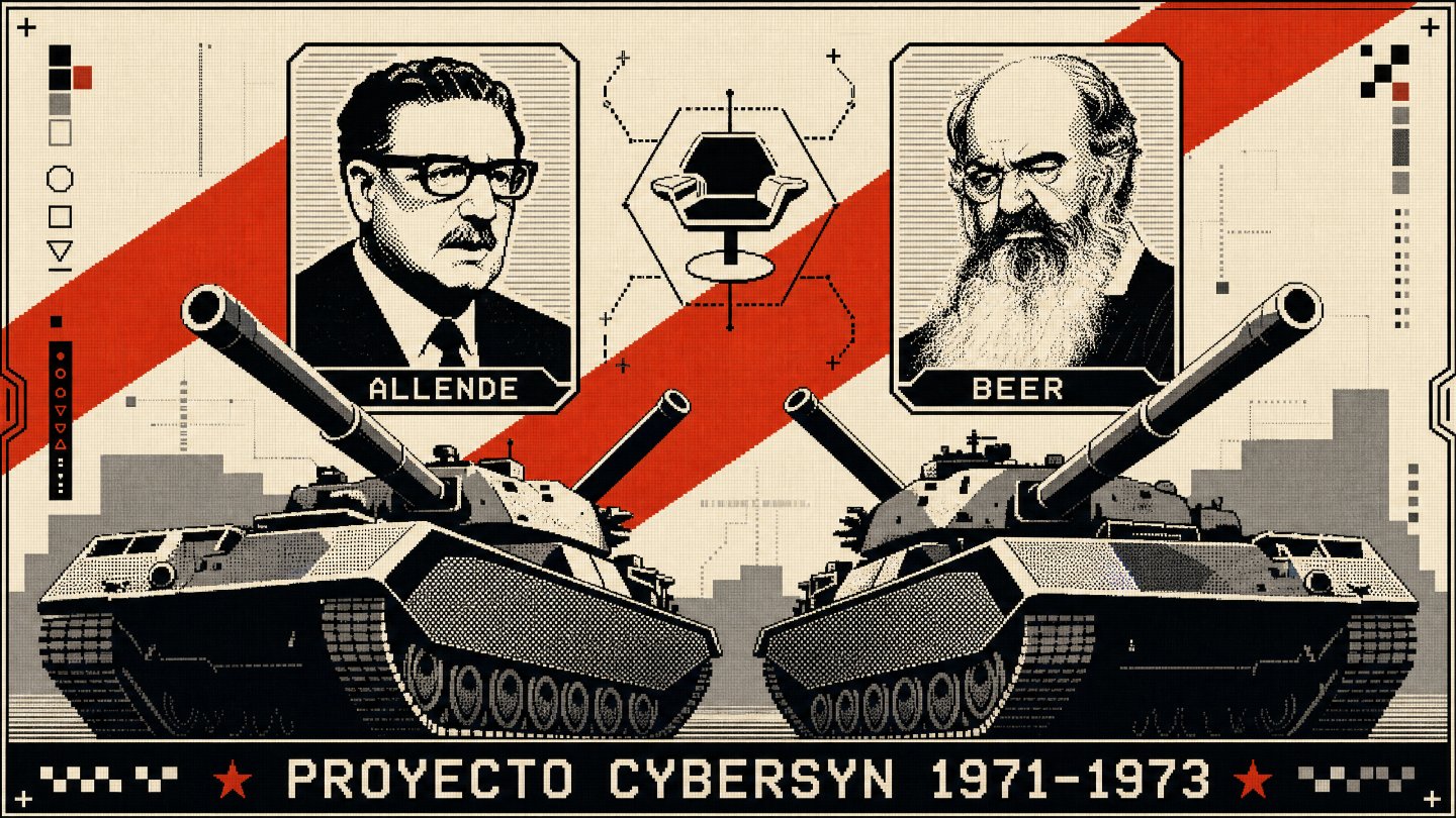 Pixel-art propaganda poster: portraits of Allende and Beer above two facing tanks, a red diagonal slash, titled Proyecto Cybersyn 1971-1973.
